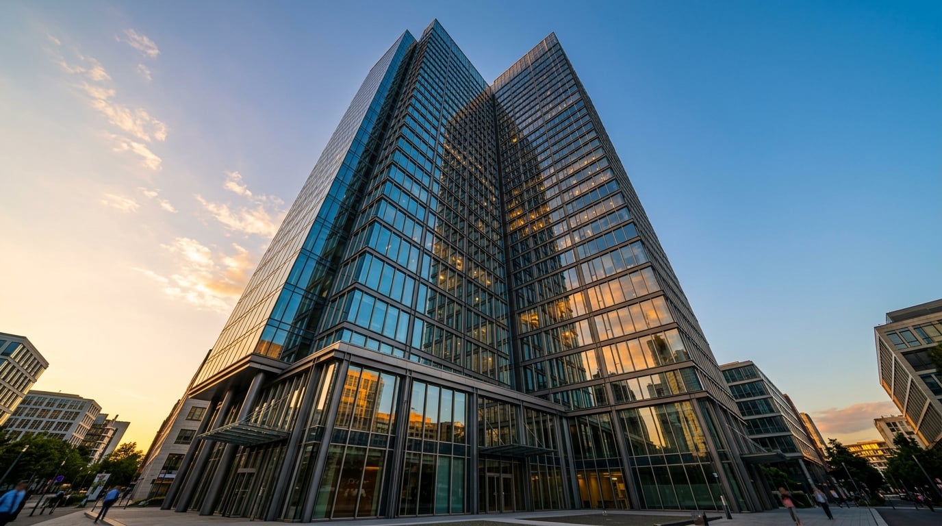 Modernes Glas-Bürobäude im Frankfurter Stil bei Sonnenuntergang