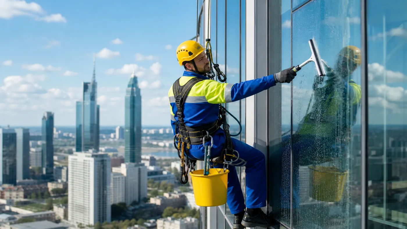 Mitarbeiter von Clean Expert 24/7 bei der Glasfassadenreinigung an einem Frankfurter Hochhaus