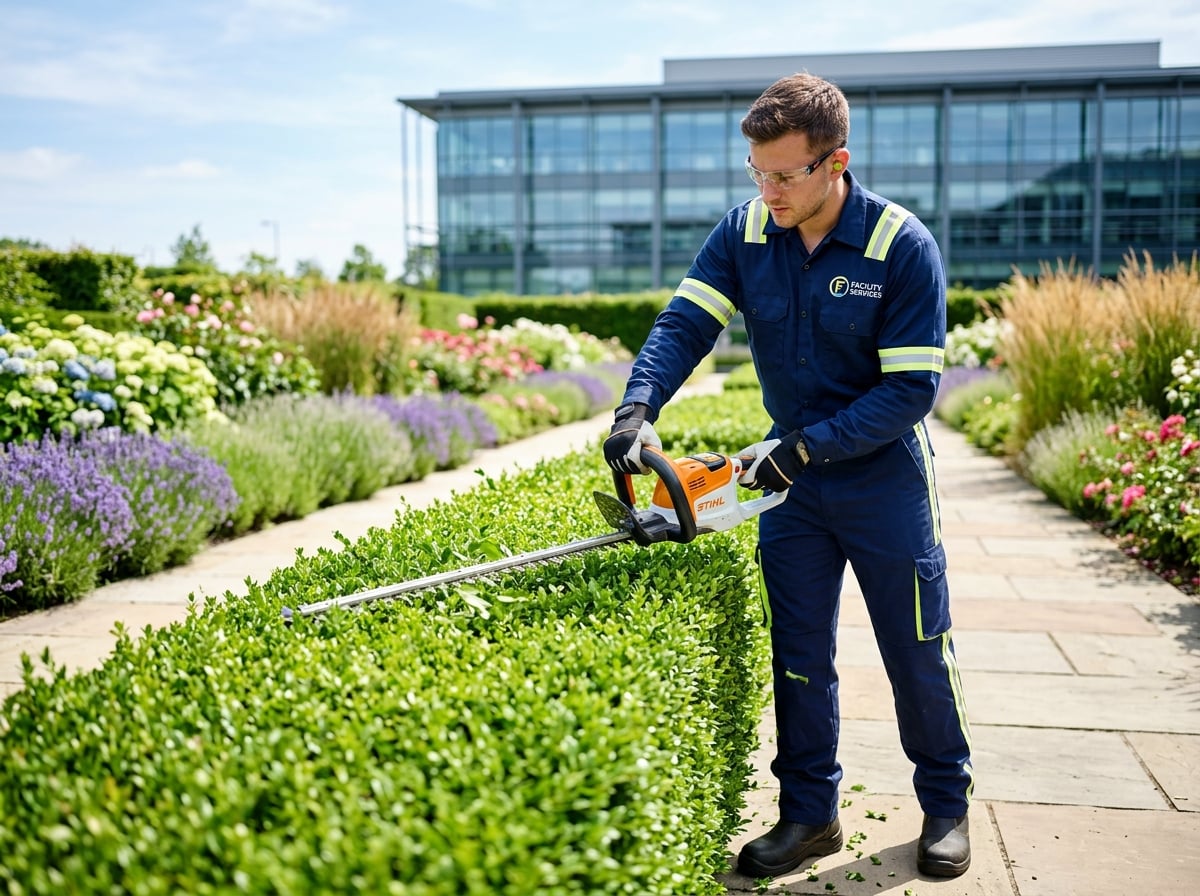 Mitarbeiter von Clean Expert 24 in navyblauer Arbeitskleidung bei der Heckenschnitt