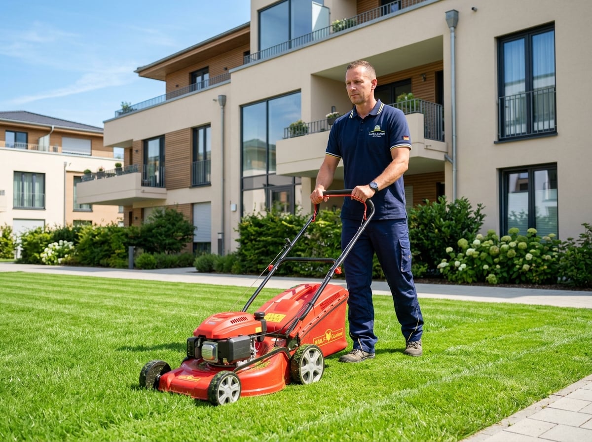Mitarbeiter von Clean Expert 24 in navyblauer Arbeitskleidung bei der Rasenpflege