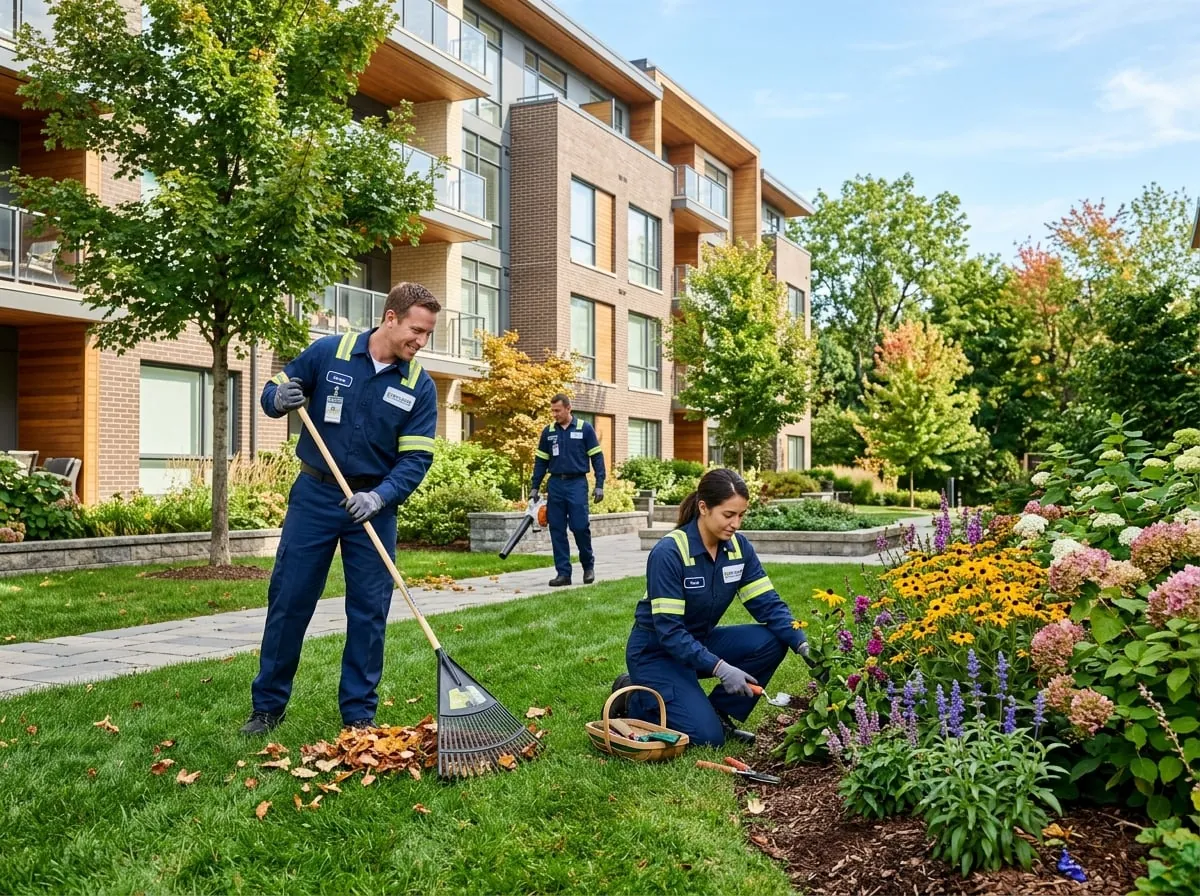 Mitarbeiter von Clean Expert 24/7 in navyblauer Arbeitskleidung bei der Grünpflege im Team