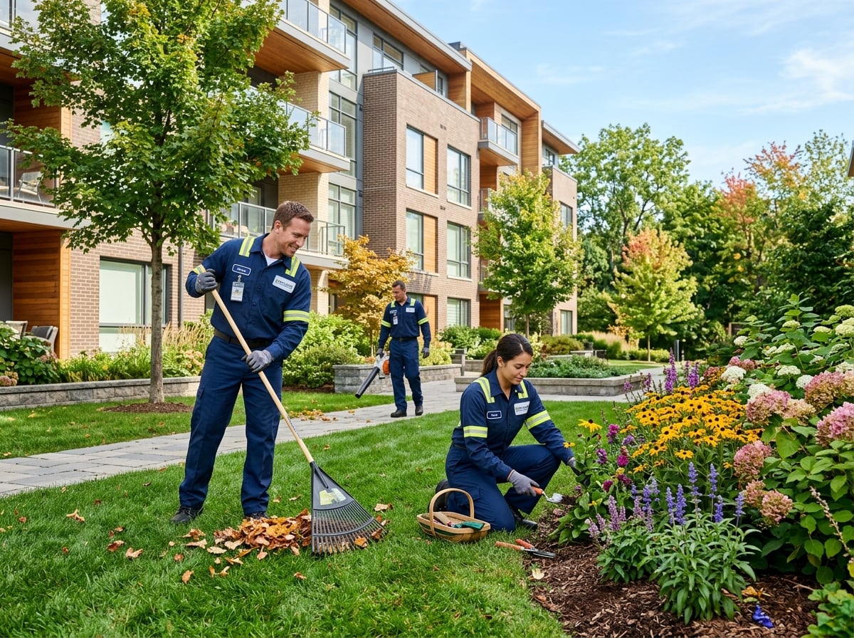Mitarbeiter von Clean Expert 24 in navyblauer Arbeitskleidung bei der Grünpflege im Team