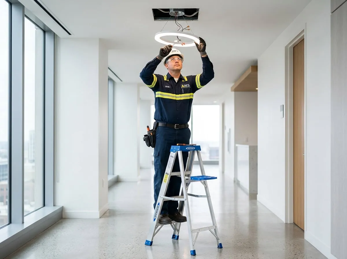 Mitarbeiter von Clean Expert 24/7 in navyblauer Arbeitskleidung bei der Kleinreparaturen