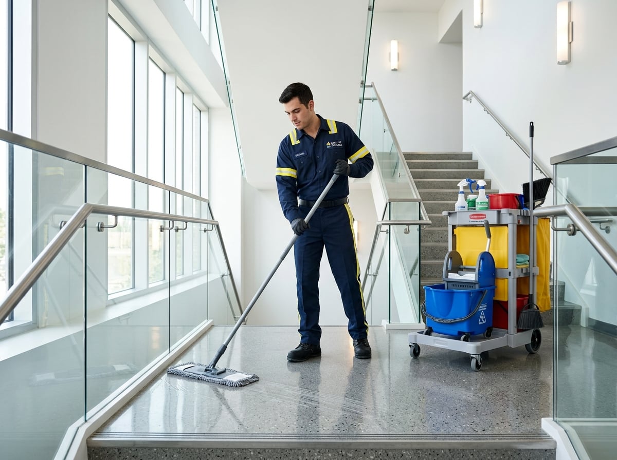 Mitarbeiter von Clean Expert 24 in navyblauer Arbeitskleidung bei der Treppenhausreinigung