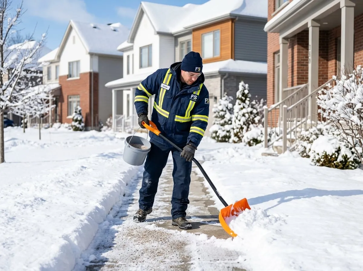 Mitarbeiter von Clean Expert 24/7 in navyblauer Arbeitskleidung bei der Winterdienst