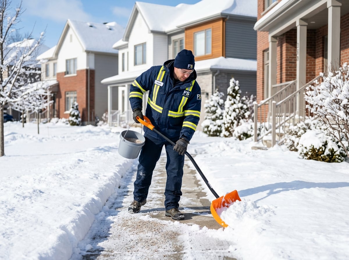 Mitarbeiter von Clean Expert 24 in navyblauer Arbeitskleidung bei der Winterdienst