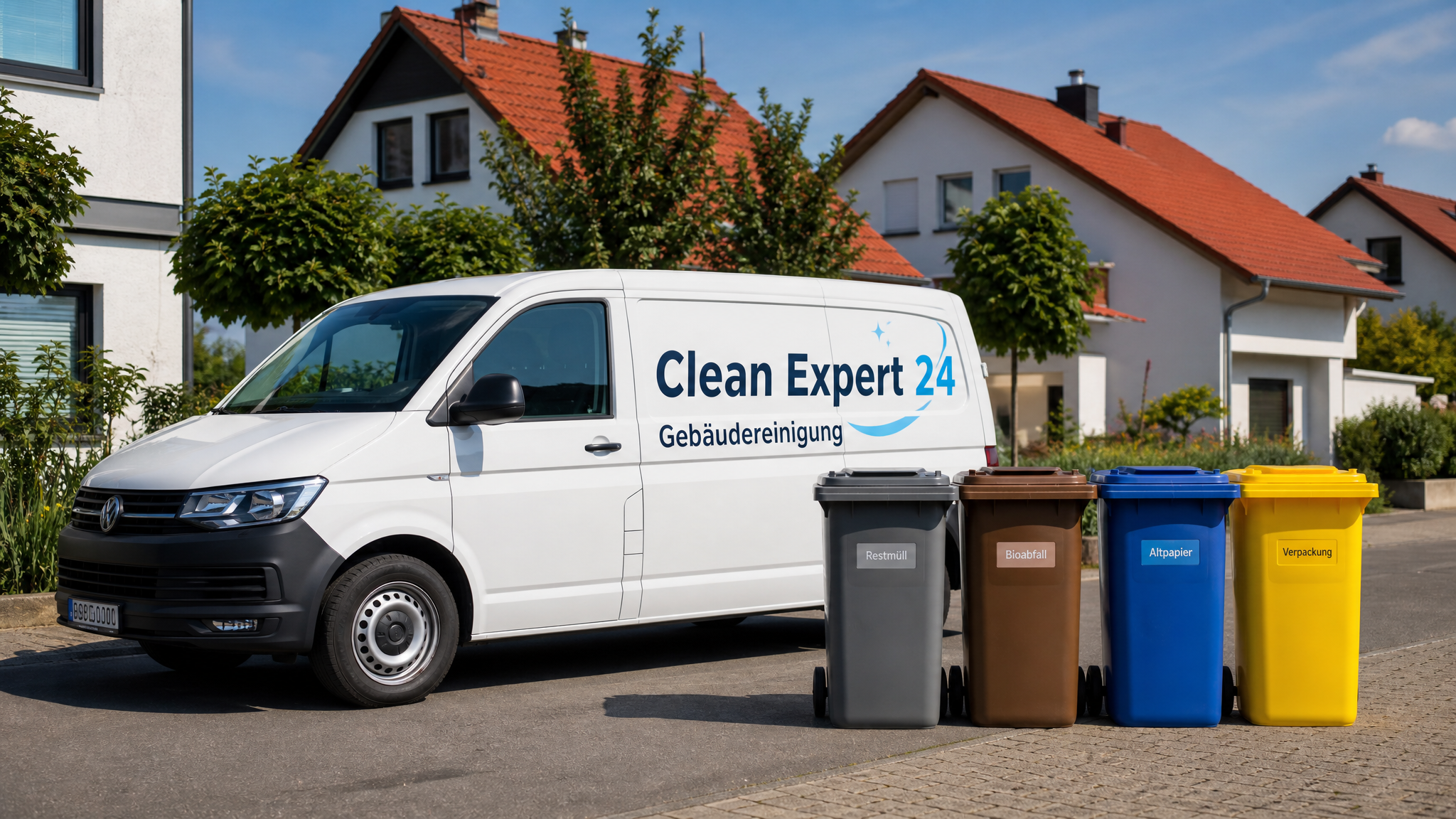 Servicefahrzeug von Clean Expert 24 mit frisch gereinigten Mülltonnen in verschiedenen Farben auf einer Wohnstraße