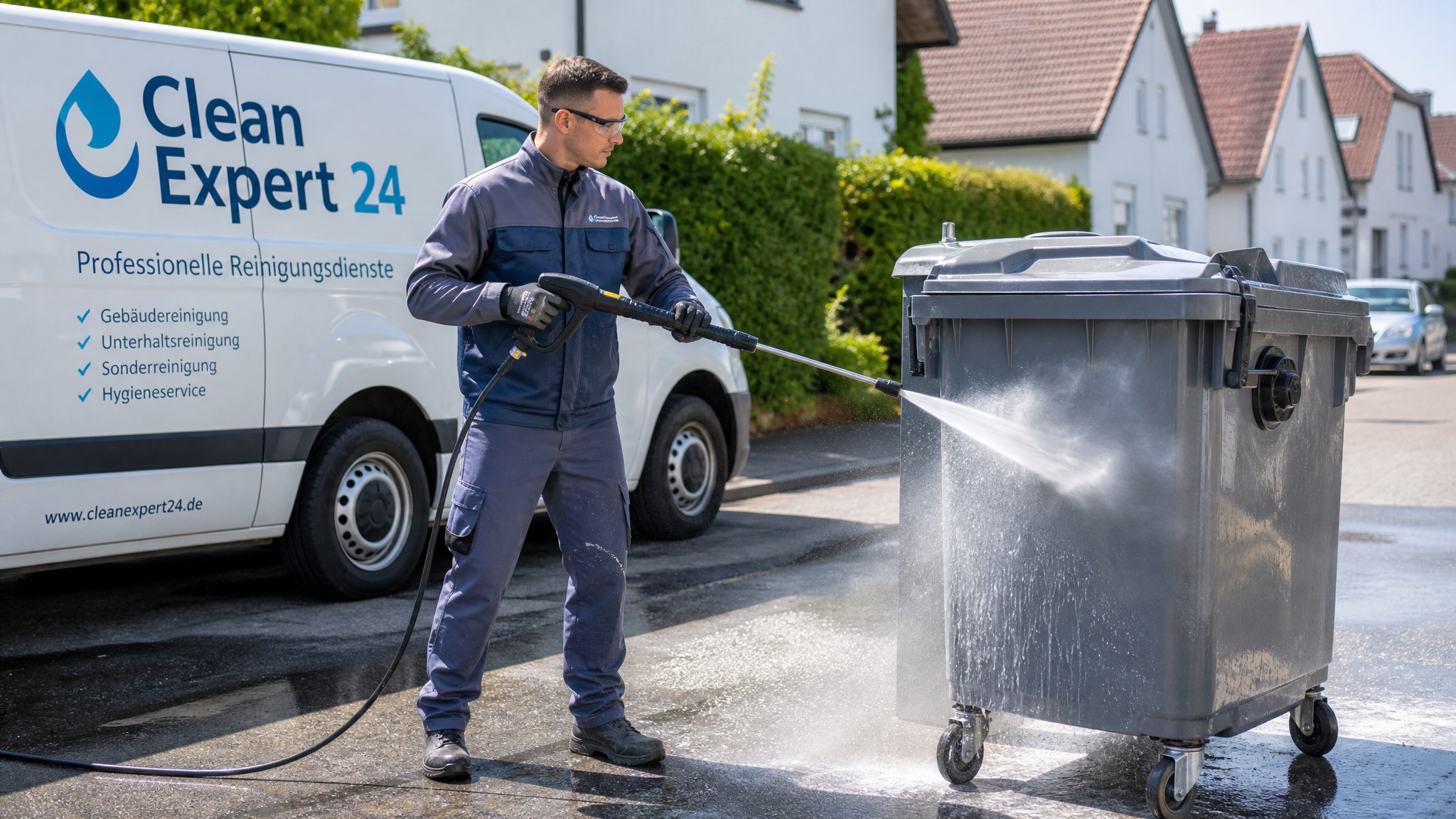 Clean Expert 24 Mitarbeiter reinigt eine Mülltonne mit Hochdruckreiniger neben dem Servicefahrzeug