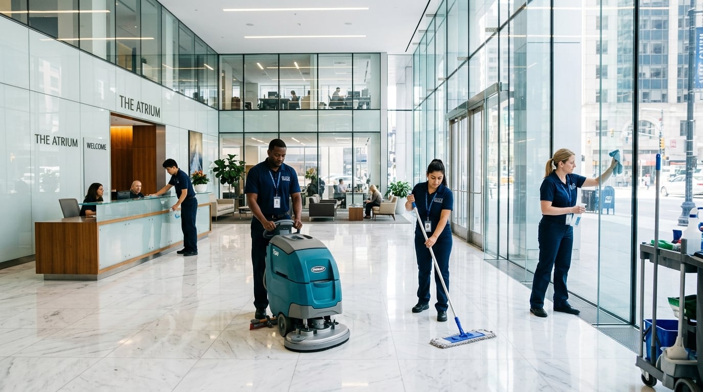 Professionelles Reinigungsteam bei der Arbeit in einem modernen Bürobäude