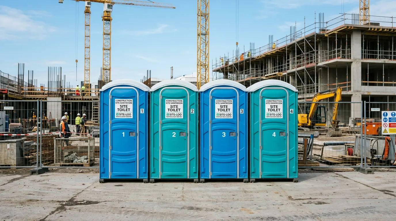 Saubere mobile Toilettenkabinen auf einer Baustelle – professionell gereinigt von Clean Expert 24/7